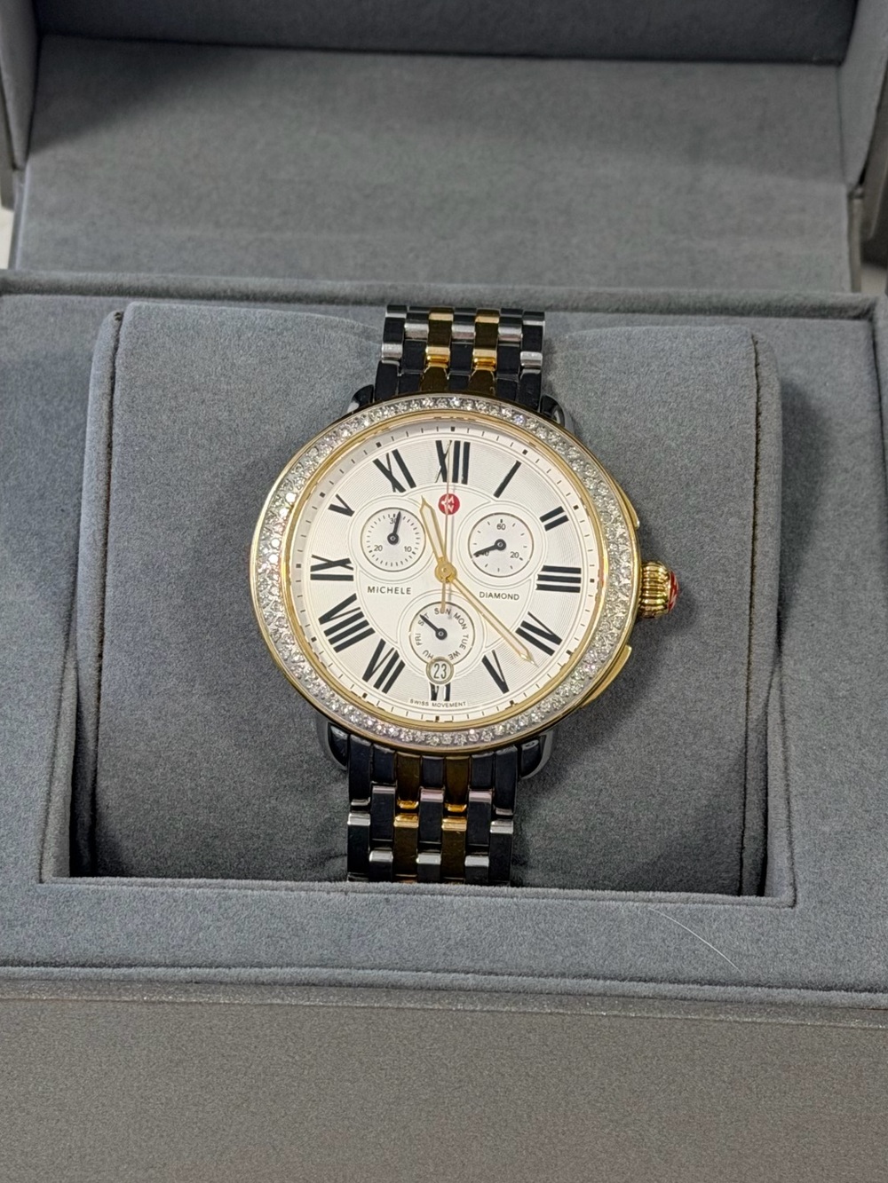 Michele Serein Diamond Two-Tone Gold & Silver Women’s Chronograph Watch FULL SET
